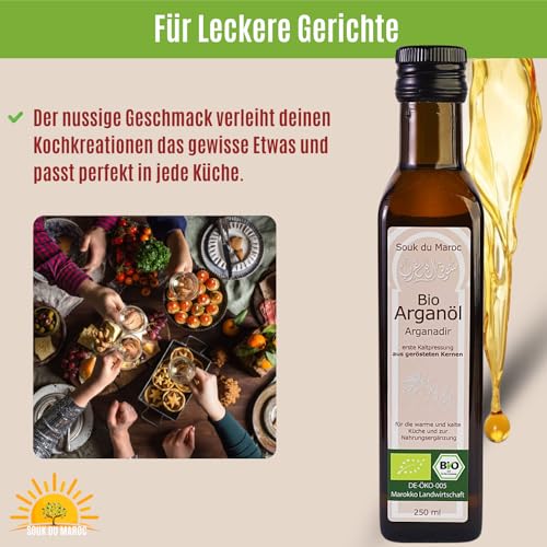 Bio Arganöl Speiseöl geröstet kaltgepresst Arganadir aus Marokko, 250ml 100% rein Vegan Bio-Arganöl für Küche, Salate & Nahrungsergänzung Gourmet-Speiseöl Fair Trade