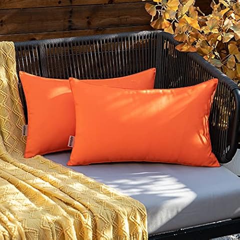 ANRODUO Pack of 2 Throw Pillow Covers Solid Decorative Outdoor Waterproof Garden Cushion Sham Outside Lumbar Pillowcase for Patio Tent Balcony Bench Tent Couch Sofa 12 x 20 Inch Orange Cover