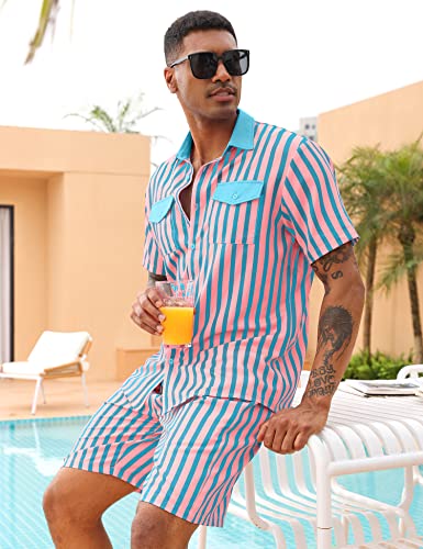 Lecgee Men's Tracksuit 2 Piece Short Sleeve Casual Striped Button Up Shirt And Shorts Set #TOP2