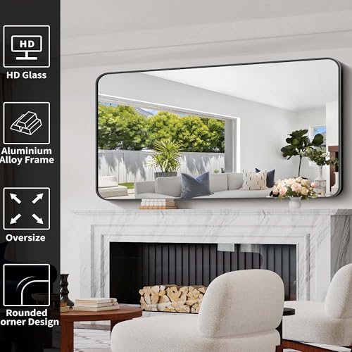 Image of Bathroom Mirror, 60 x 30 inch Black Rectangle Wall Mirror, Metal Frame Rounded Corner Vanity Mirror, Large Wall Mounted Mirrors for Over Sink Bedroom Living Room Horizontal Or Vertical Mounting
