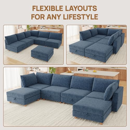 Image of 99 inch Modular Sectional Sleeper Sofa Bed with Storage & Washable Covers, 6-Seater Chenille Modular Sofa Bed with Movable Ottoman Chaise, Convertible Sleeper Sectional Couches for Living Room, Blue