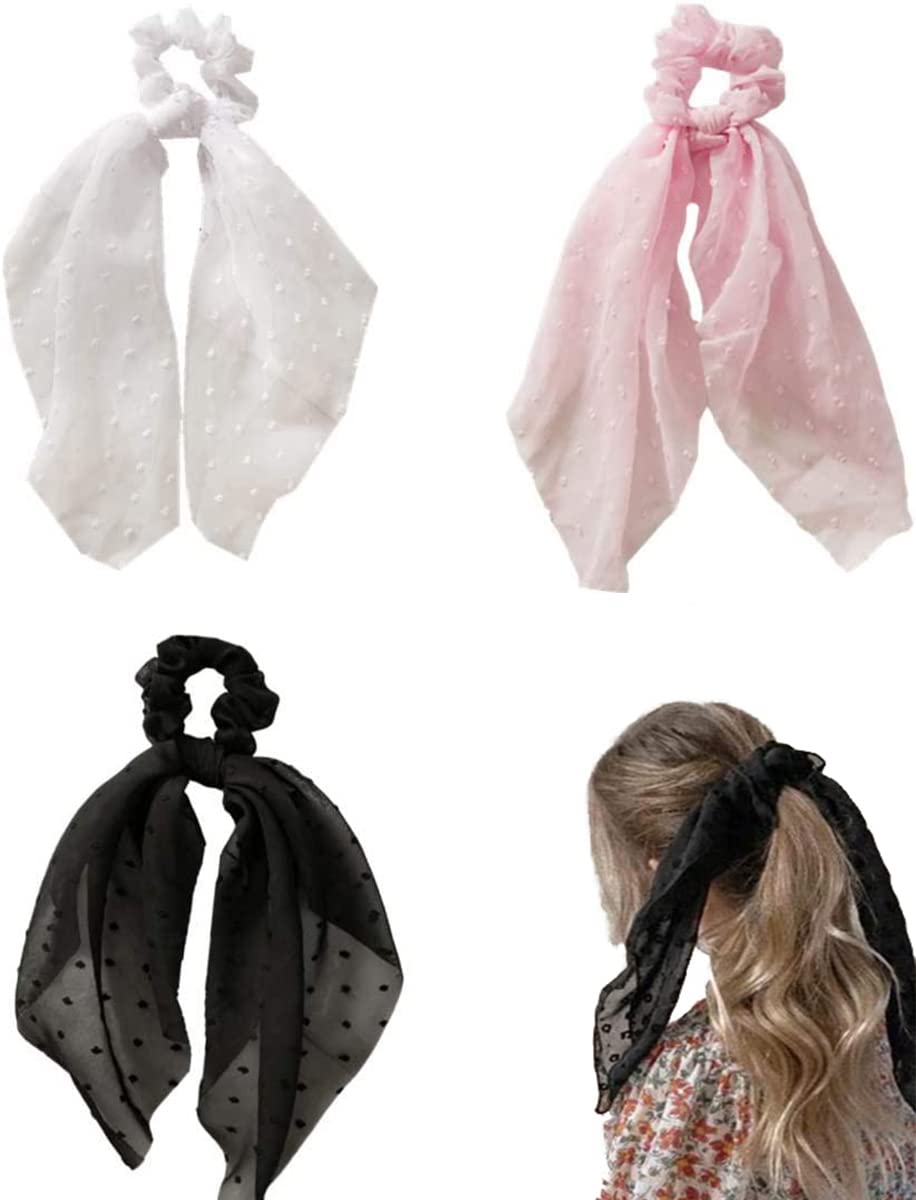 YHRY 3 Pcs Elegant Scarf Hair Ties for Women Girls, Scarf Scrunchies, Satin Silk Long Tails Scrunchy, Bowknot Hair Bands, Hair Elastic Hair Scrunchy Ponytail Holder for Lady