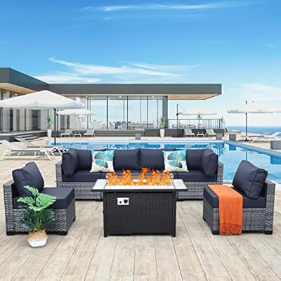 Lviden 7 Pieces Wicker Patio Furniture Set, PE Rattan Outdoor Sectional Conversation Sofa Set with Fire Pit Table, Non-Slip Cushions and Furniture Cover, Navy Blue