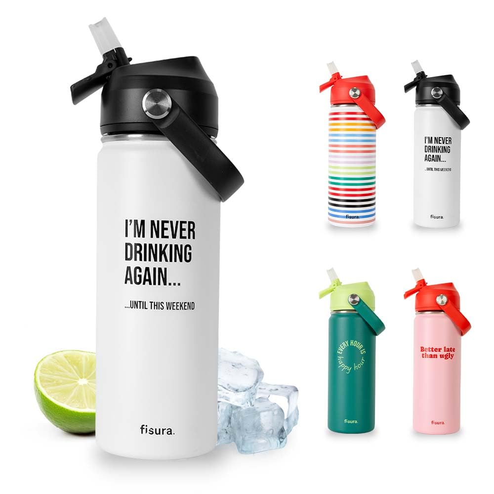 Fisura – Original Water Bottle “I´m Never Drinking Again”. 500 ml Stainless Steel Water Bottle. Thermos Flask Free of BPA. with Straw for Sports, Travel, Outdoors, Office.