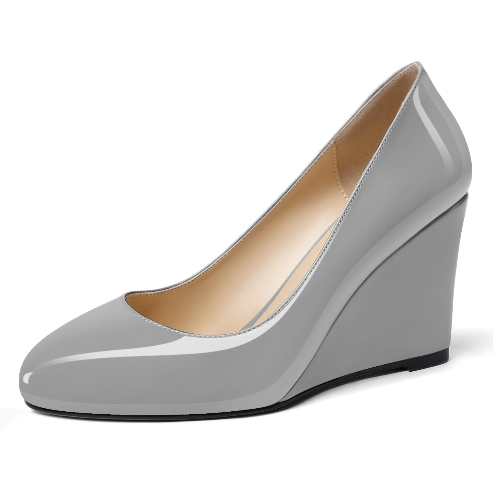 Soireelady Women Round Toe Wedges Closed Toe High Heel Pumps Slip On Wedge Heels Patent Leather Office Work Heels Elegant Dress Shoes