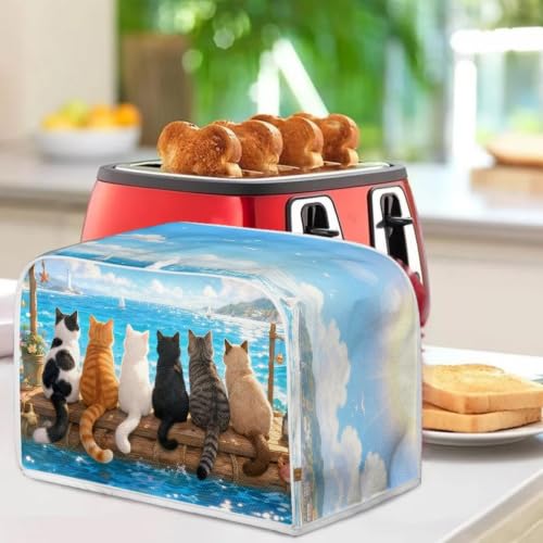 Image of Talayituse Cat Sea Beach Print 2 Slice Toaster Dust Covers Kitchen Small Appliance Cover, Stain Resistant Dust Protection Bread Machine Cover with Top Handle, S