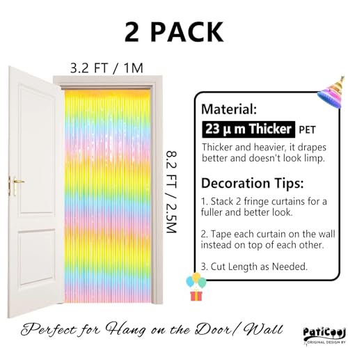 Image of Easter Decorations Thicken Pastel Rainbow Streamers, 2 Pack 3.2 x 8.2 FT Pastel Birthday Decrorations Tinsel Backdrop Curtains, Foil Fringe Photo Backdrop for Baby Shower, Spring Party Decorations