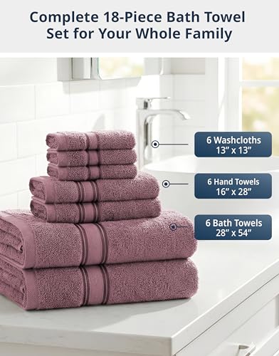 Image of Lane Linen 100% Cotton Luxury Bath Towel Set - 18 Pieces - Zero Twist, Quick Dry, Highly Soft & Absorbent - 6 Bath, 6 Washcloths, 6 Hand Towels for Bathroom - Sustainably Produced - Wishful Mauve