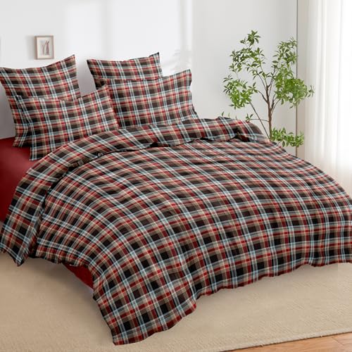 Image of Nayoroom Plaid Duvet Cover Queen Size Vintage Red Brown Gingham Checkered Tartan Duvet Cover Dorm Bedding Set 3 Pieces Soft Lightweight Microfiber Farmhouse Bedding Set Gifts for Women Men
