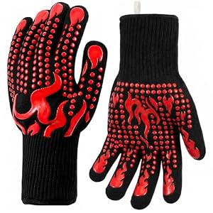 BBQ Gloves, 800°C Extreme Heat Resistant Oven Gloves with Fingers for Grilling, Silicone Non-Slip Long Kitchen Gloves for Cooking, Baking, Cutting – BBQ Gifts for Men Women (Set of 2)