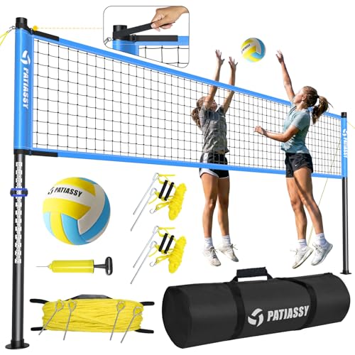 Patiassy Outdoor Volleyball Net System Portable and Easy Setup Adjustable Height Poles with Volleyball, Pump, Hammer, Boundary Line, and Carry Bag for Backyard, Beach, Lawn（Blue）