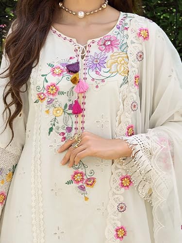 Image of INDO ERA Women's Straight Pure Cotton Floral Embroidered Kurta & Pant with Dupatta Set (IEOUT11423)