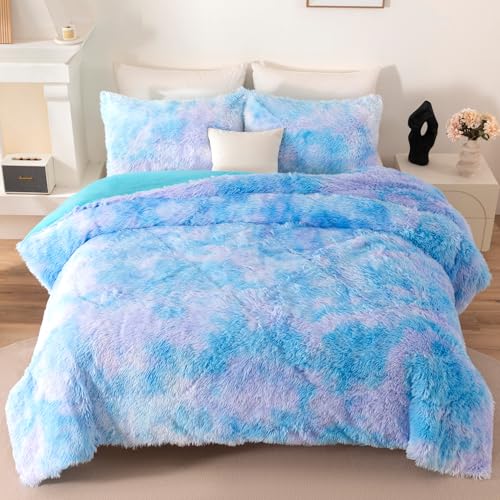 Image of Faux Fur Fluffy Comforter Set Queen Size 3 Pieces Blue Rainbow Bedding Set for Girls Tie Dye Furry Fuzzy Bed Comforter with Pillowcases(Blue, Queen)
