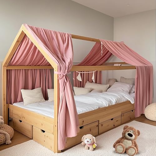 FloraVigo Hausbetthimmel 2 Stück, handgefertigt aus 100% Baumwoll-Musselin, Stoffhimmel zur Hausbettdekoration, für Mädchen und Jungen (2er Set 65 x 270cm Altrosa)