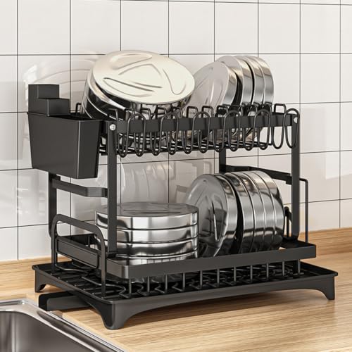 Image of Black 2 Tier Foldable Dish Drainer Rack - Stainless Steel, Large Rustproof for Kitchen Counter With Utensil Holder, Cup Holder and Drip Tray