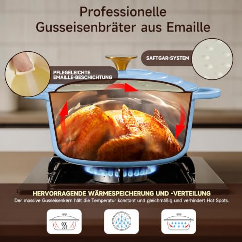 Nilpferd Gusseisen Topf Schmortopf Emaille Bräter, Puderblau, 24cm/4L – Ansicht 6