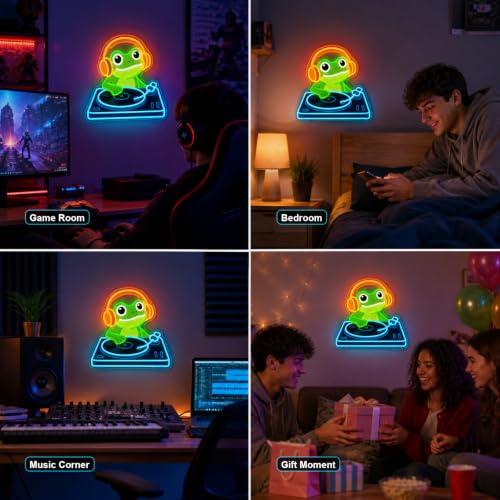 Image of Frog DJ Neon Sign, Music Neon Signs for Wall Decor, Cute LED Light Up Sign for Bedroom, Game Room, Man Cave, Bar, Studio and Party Decor, USB Powered Dimmable Funny Wall Art Gift for DJ Music Lovers