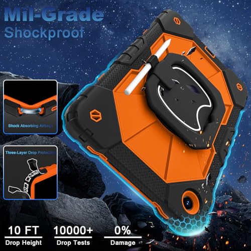 Image of WESOROL Case for Samsung Galaxy Tab A11 Plus Galaxy Tab A9 Plus 11 Inch,Shockproof Cover for Samsung Tablet A11+ /A9+ Case with Screen Protector 360 Rotating Stand Pencil Holder,Black Orange