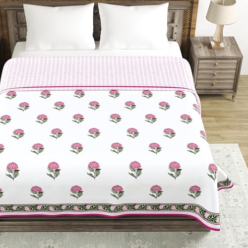 Image of BLOCKS OF INDIA 100% Cotton Dohar King Size Reversible Hand Block Printed Malmal Summer Dohar /Blanket (Pink Green Rose)