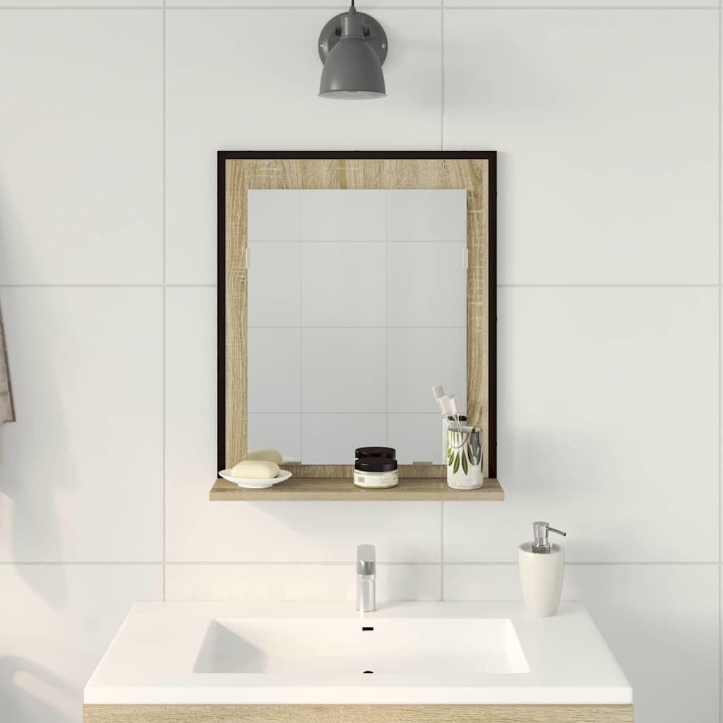 Specchio Da Parete Bagno Nero 50x60 Cm Con Mensola Legno | Vetro Piano, Telaio In Legno Ingegnerizzato, Durevole, Per Bagno Residenziale O Hotel