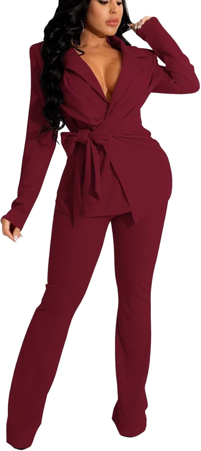 kaimimei Business 2 Piece Pant Suits for Women Dressy Elegant Professional Blazer Set Casual Outfits with Belt