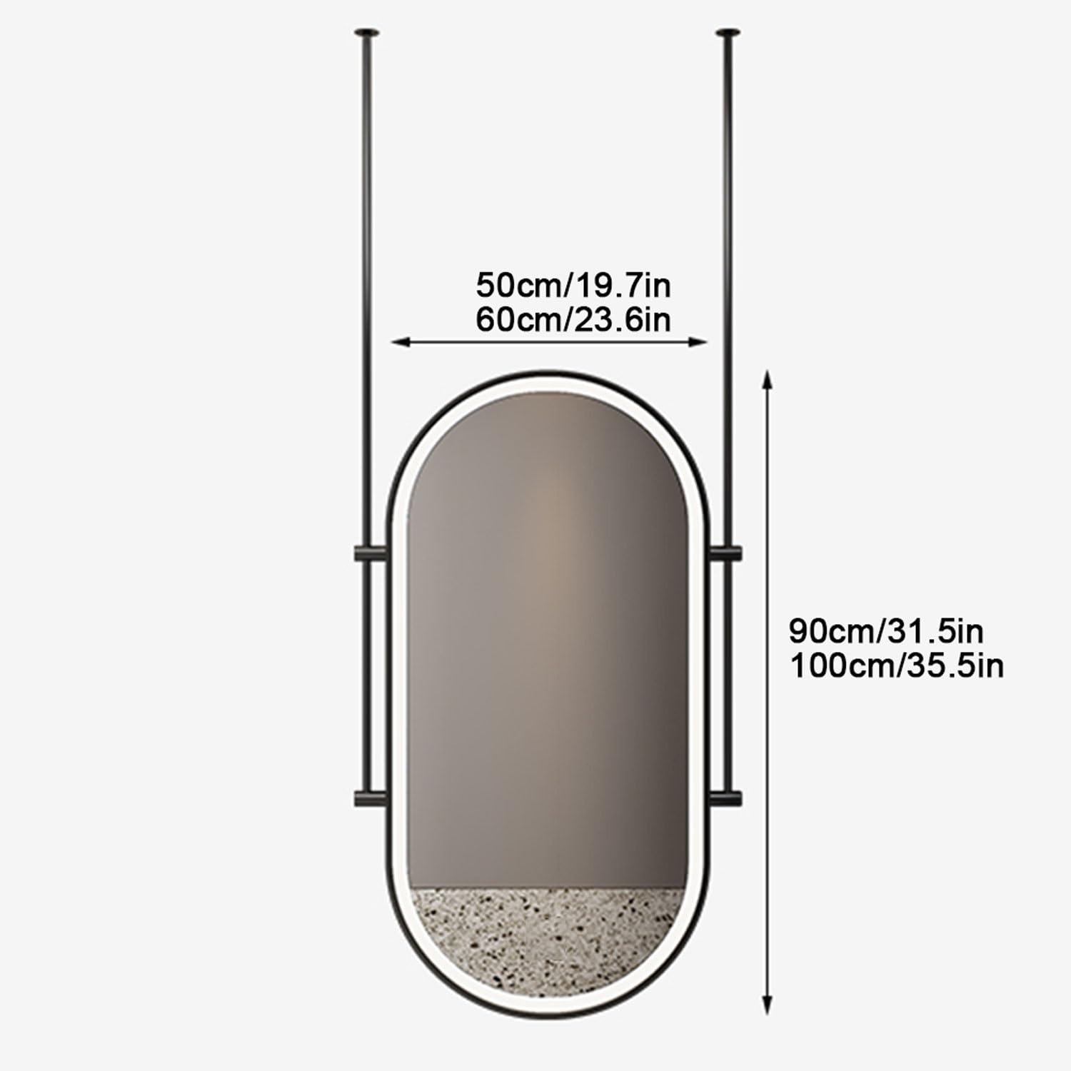 Owalne lustro do makijażu montowane na suficie podświetlane wiszące lustro łazienkowe metalowe lusterko do golenia do domu i hotelu 50 x 80 cm (20 x 32 cale) idealne do sypialni i pielęgnacji