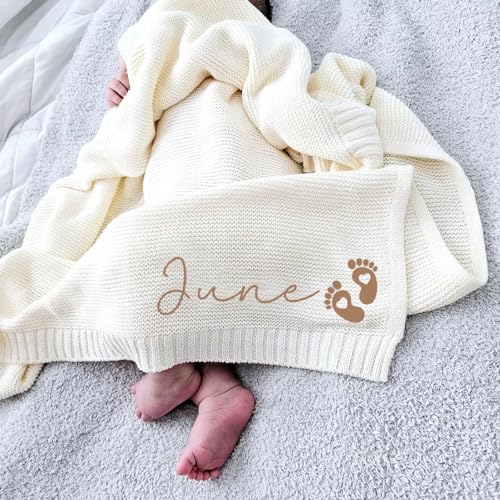 Image of Luxury Personalized Name Embroidered Soft Breathable Cotton Knit Blanket, Newborn Gift for New Mom, Perfect for Baby Girl & Boy
