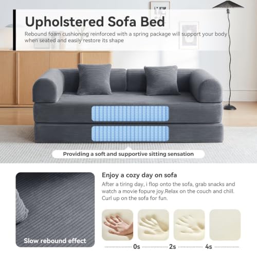 Image of Sofa Bed, Corduroy Sleeper Sofa Bed with Fixed Frame, Floor Sofa Lounge with Pillow, Convertible Folding Mattress Couch for Living Room, Bedroom, Lounge, Studio (Dark Gray)