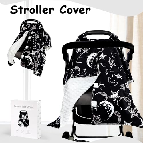 Image of Baby Car Seat Cover, Soft Minky Warm Winter Car Seat Canopy for Infants & Toddlers, Opening with Adjustable Strap, Breathable Nursing Cover & Stroller Blanket, Black Starry Sky (Fits Most Car Seats)