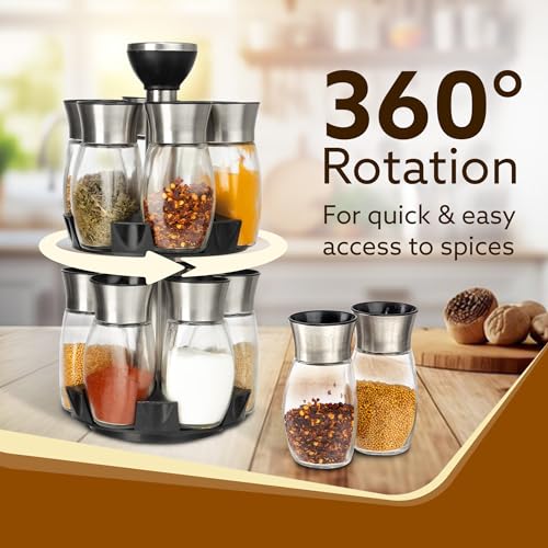 Image of AGARO Elegant Glass Spice Jar with Holder, Set of 12, Spinning Spice Storage Rack, Rotating Spice Holder, Spice Containers, Spice Seasoning Organizer, Masala box for Kitchen, Kitchen Storage Rack