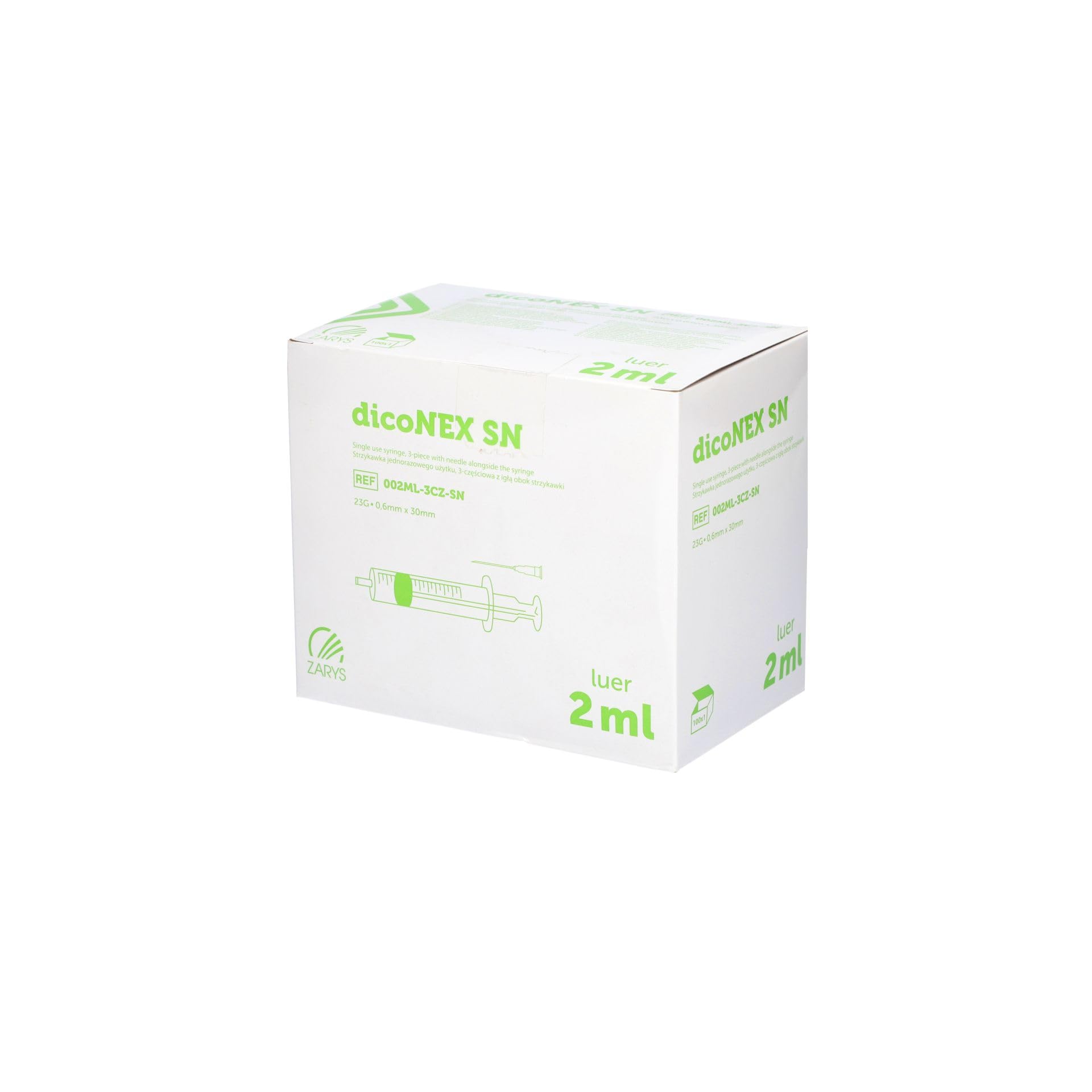 Zarys - Jeringa de uso único de 3 partes luer con aguja estéril - 2 ml - Caja de 100