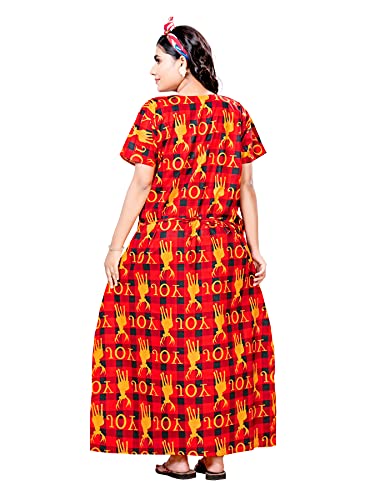 Image of PNAEONG Women Cotton Printed Nighty, Gown Maxi - Free Size Joy, Red