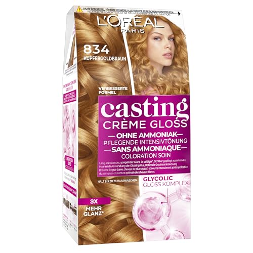 L'Oréal Paris Coloration ohne Ammoniak und Silikone, Pflegende Intensivtönung mit Glanz-Reflex-Balsam, Casting Crème Gloss Haarfarbe, Nr. 834 Kupfergoldblond, 1 Stück