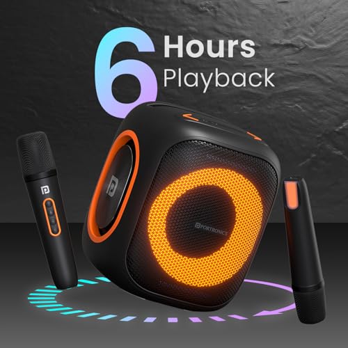 Portronics Dash 10 50W Wireless Bluetooth Party Speaker With Dual Wireless Karaoke Mic, Upto 6 Hours Playtime, Dual Bass Radiator, HD Sound, RGB LED Lights,BT 5.3V,AUX IN,USB In,Type C Charging(Black) 7