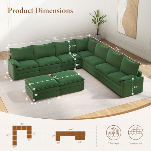 Image of Vesgantti Large Modular Sectional Sofa, Big Comfy Cloud Couch with Ottoman Deep Seat Chenille Cloud Sofa, 9 Seater Large Sectional Couches for Living Room, Bedroom and Apartment, Green
