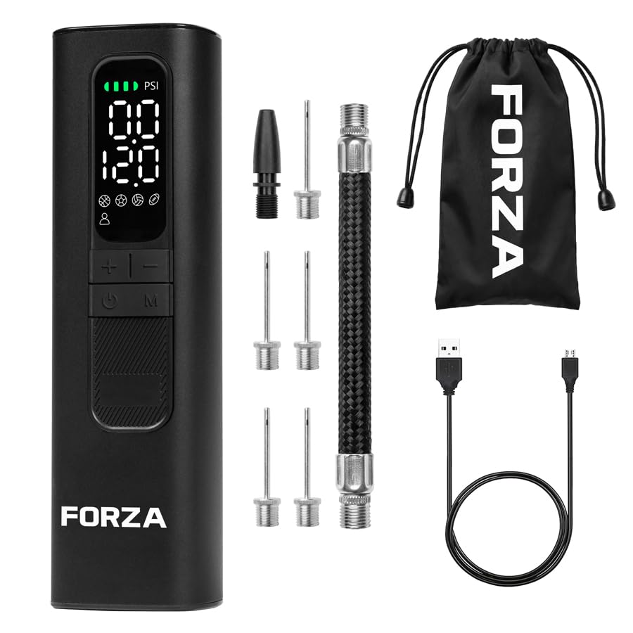 FORZA Digital Ball Pump│Rechargeable Electric Air Pump with LED Torch - Includes Needles & Flexible Hose – Portable Football, Rugby, Basketball & Netball Inflator (With Pack of Five Needles)