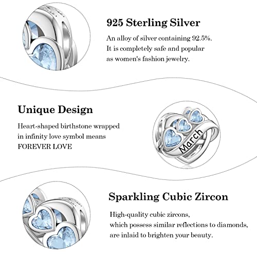 Jiayiqi March Birthstone Charm For Pandora Charms Bracelet, Sterling Silver Bead Endless Love Charms Engraved Brave, Heart Birthday Charms For Women Birthday Gift #TOP4