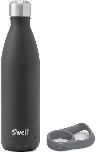 S'well Botella de agua de acero inoxidable con asa de viaje, 17 onzas líquidas, ónix, recipientes aislados al vacío de triple capa que mantiene las