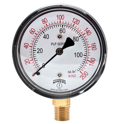 Winters PLP Series Steel Dual Scale Low Pressure Gauge with Brass Internals, 0-200" Water/Oz, 2-1/2" Dial Display, +/- 3-2-3% Accuracy, 1/4" NPT Bottom Mount