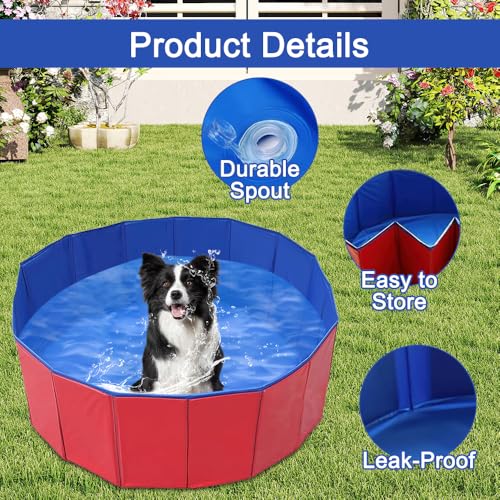 Kinfezlon Hundepool, Hundepool I Faltbar, 60 x 20CM Hunde Pools für Kleine & Mittlere Hunde, PVC Anti-Rutsch Verschleißfester für Kinder, Katzen und Hunde im Garten- ROT