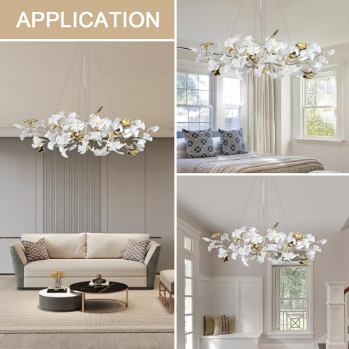Image of Branch Chandelier Modern Gold Ceramic Ginkgo Leaf Chandeliers L47 Inch Brass Rectangle Chandelier Large Luxury Hanging Lights Fixture for Living Room Dining Room, 6-Light