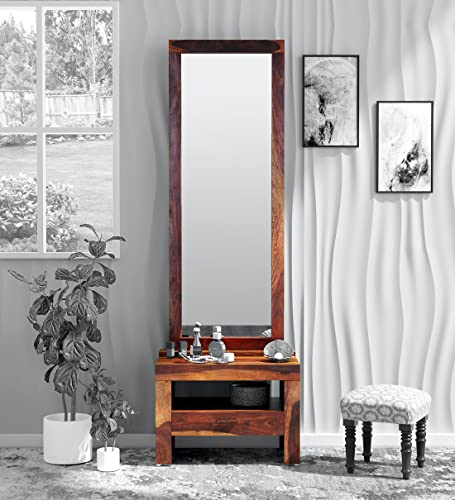 Image of Solid Sheesham Wood Dressing Table with Storate and Mirror | Dressing Table with 1 Drawer Storage (Solid Sheesham Wood, 58x35x182 CM, Wooden Finish Finish)