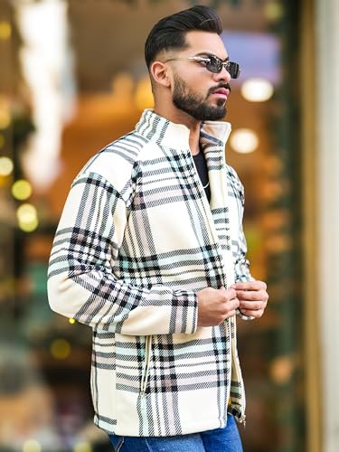 Image of Maniac Mens Checkered Full Zipper Fullsleeve Polyester Blend Fleece Shacket for Men