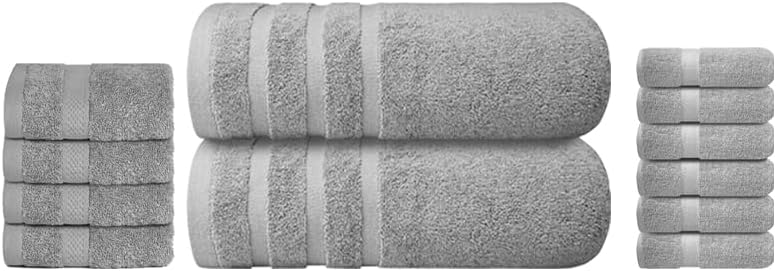 Infinitee Xclusives Grey Luxury Towel Bundle - Includes 4 Washcloths, 2 Bath Towels & 6 Hand Towels - Soft Absorbent Cotton Bathroom Set