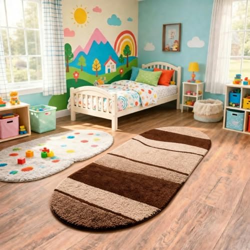 Image of Vasrug Luxury Soft Shaggy Bedside Ovel Rug - Geometric Design | Plush High-Pile Bedroom Carpet, Pack of 1 Pic, 1.5x4 Feet, (AA17)