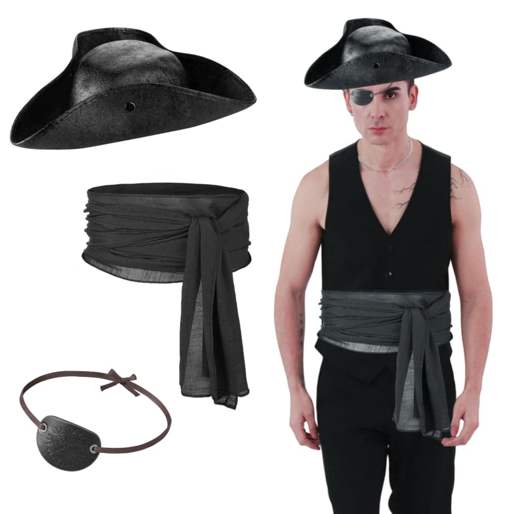 3Pcs Adult Pirate Costume Accessories with Pirate Hat Eye Patch Sash Belt Medieval Captain Tricorn Cap Renaissance Outfit for Halloween Cosplay Fancy Dress Party (Black)