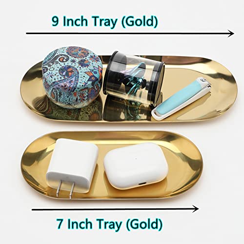 Stainless Steel Decorative Tray, Set Of 2, 9 Inch Long, Jewelry Dish Cosmetics Organizer Bathroom Clutter Serving Platter Small Storage Tray, Oval, Gold #TOP3