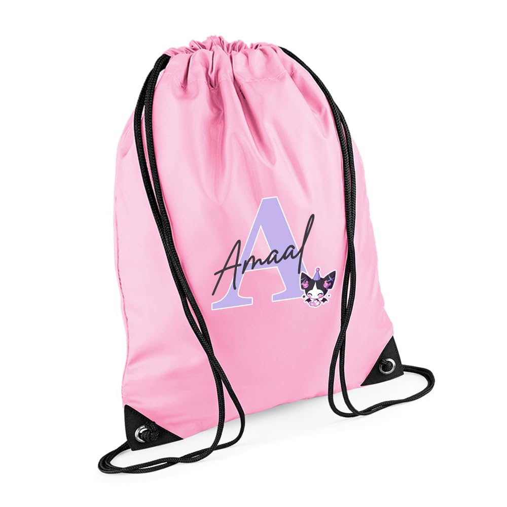 Personalised Initial & Name – Cute Cartoon Character Design – Custom Gift for Kids, Teens & Friends, PE Gym Kit Swimming, Sport Rucksack. (Classic Pink)