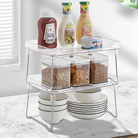 BieFuSin 2 Pack Kitchen Cupboard Shelf Organiser StorageRack,Stackable Shelves for Cabinet/Countertop,Counter Spice Rack Shelf Organizer,Multifunctional Storage Rack for Kitchen, Bathroom,Clear Cover