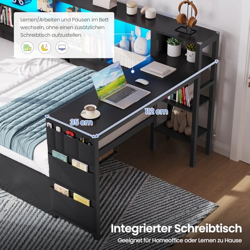 Brinlawb Schlafsofa mit LED-Beleuchtung und Ladestation, Jugendbett 90x190 cm mit einem 35x112cm Tisch und zwei großen Schubladen, Bett 90x190 Tagesbett mit polsterter Rückenlehne am Kopfteil, Schwarz